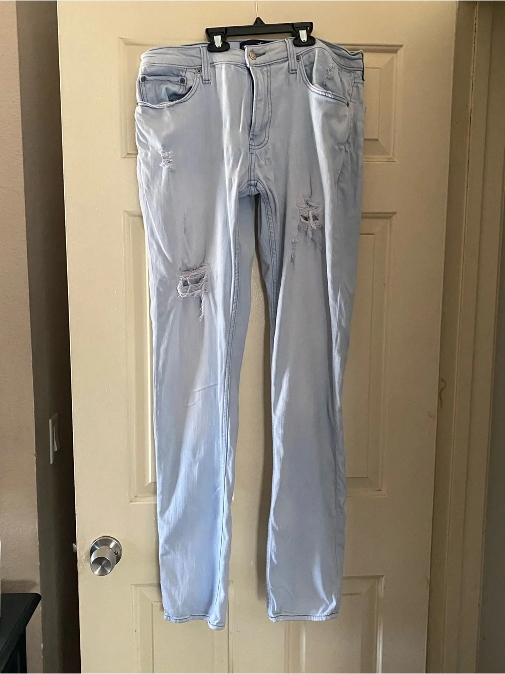 Mens Hollister California Pale Blue Distressed Stacked Skinny Jeans